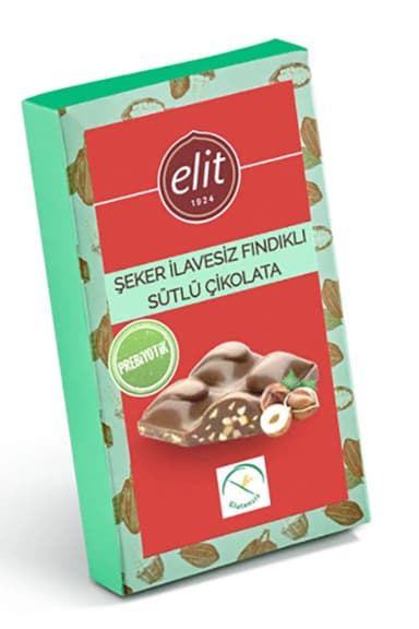 Elit Şeker İlavesiz ve Prebiyotik Fındıklı Sütlü Çikolata 60 G