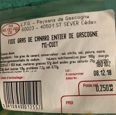 Foie gras de canard entier de gascogne mi cuit