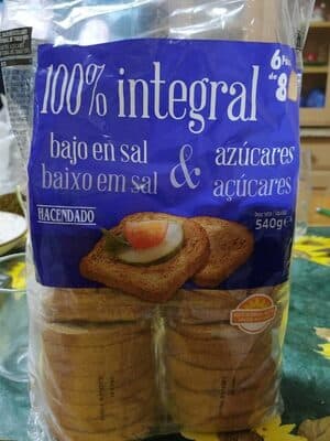 Pan tostado 100% integral bajo en sal y en azúcares
