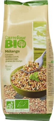 Mélange sarrasin, lentilles corail, quinoa rouge, graines de courges
